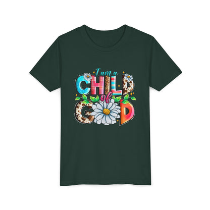 Youth Tee — "I Am a Child of God" Floral Christian Graphic