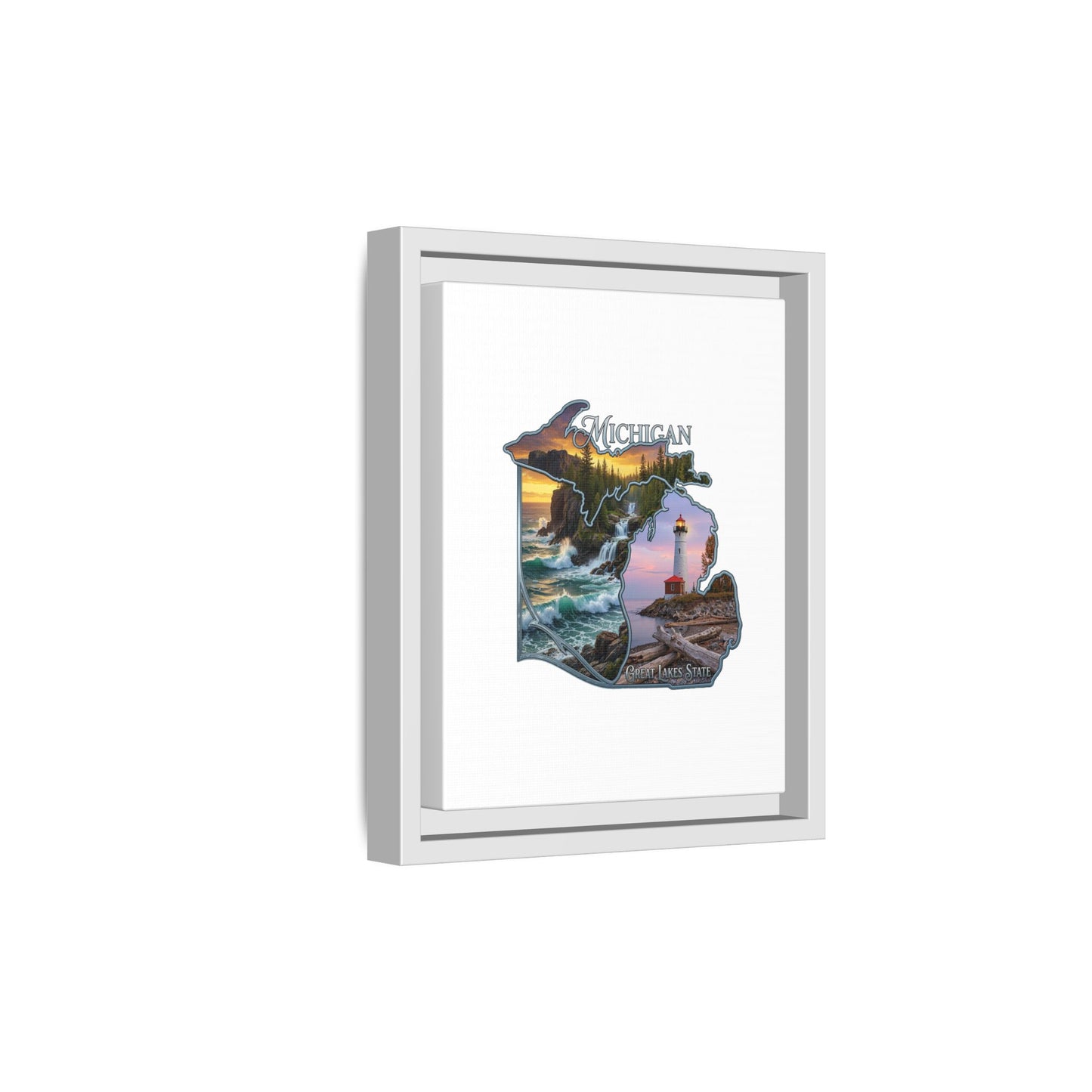 Michigan Framed Canvas Wall Art — Great Lakes State Lighthouse & Shoreline Print