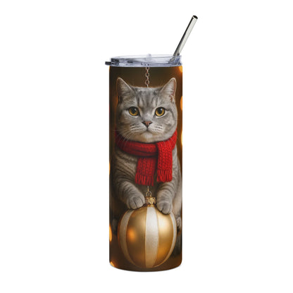 Christmas Cat Tumbler — Grey Cat with Red Scarf & Ornament, 20oz Stainless Steel Holiday Travel Cup