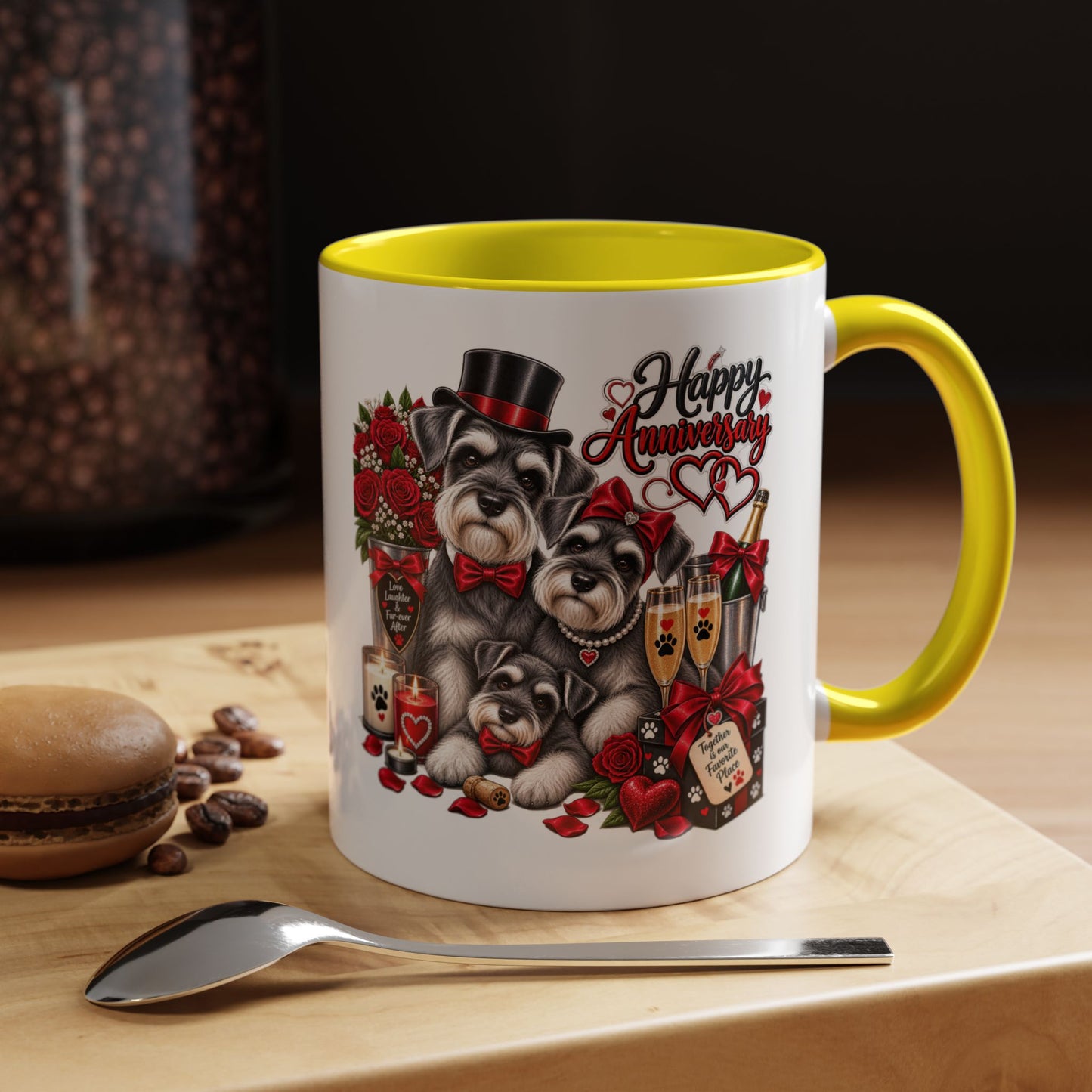 Happy Anniversary Dog Coffee Mug — Cute Pups, Champagne & Roses Accent Mug