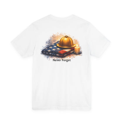 Never Forget Memorial T‑Shirt — Firefighter Helmet & Flag Tribute