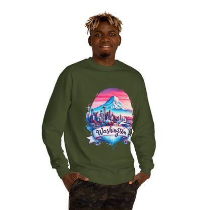 Washington Scenic Crewneck Sweatshirt — Mountain & City Skyline Design