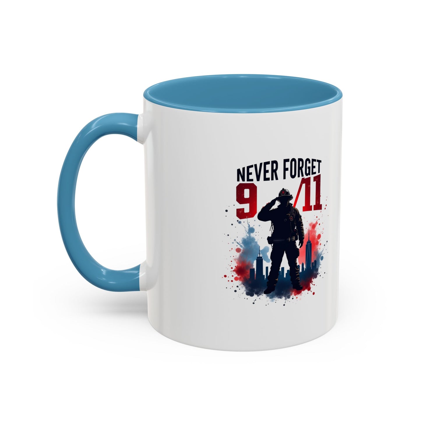 Never Forget 9/11 Accent Coffee Mug — Patriotic Memorial Tribute (11oz, 15oz)