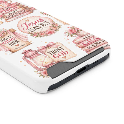 Christian Floral Phone Case with Card Holder — 'Jesus Saves' Inspirational Design
