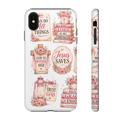 Christian Phone Case — Jesus Saves Floral Tough Case with 'God Is Within Her' & 'Trust God' Design