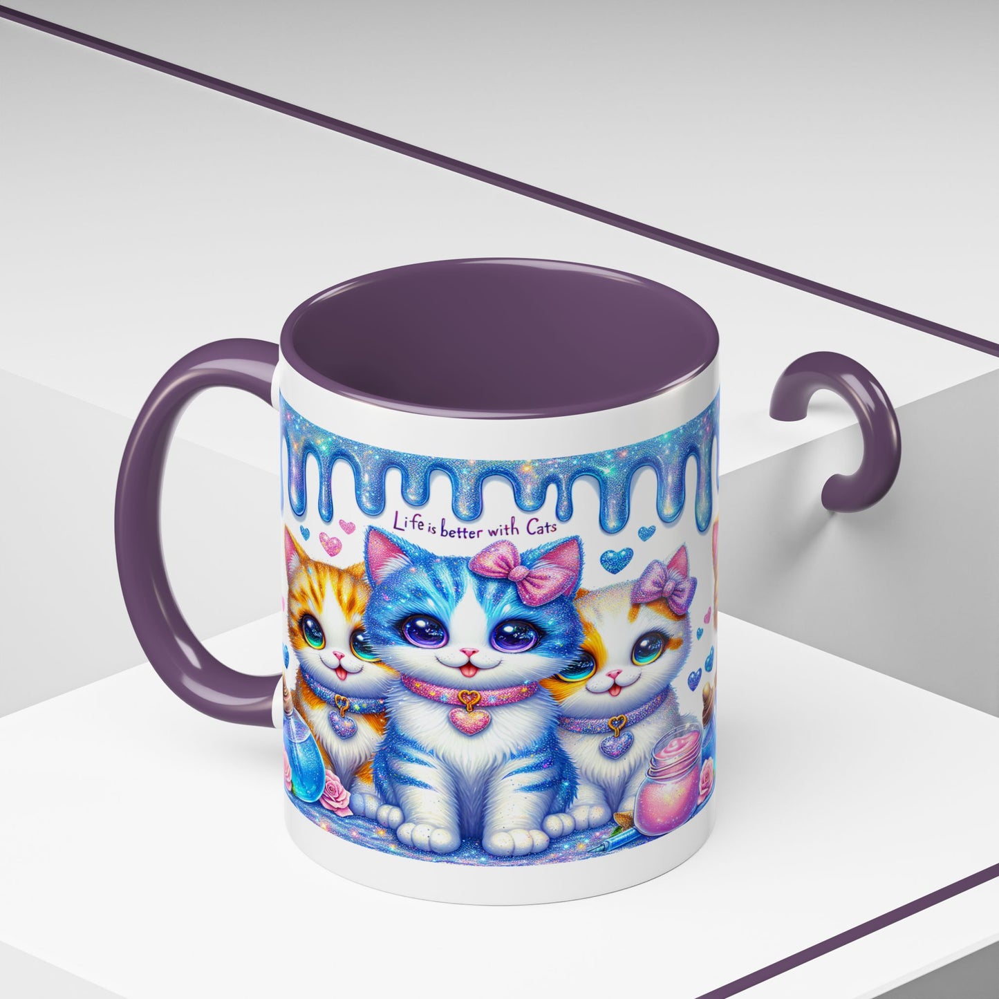 Cute Kawaii Cats Coffee Mug - "Life is Better with Cats" Accent Mug