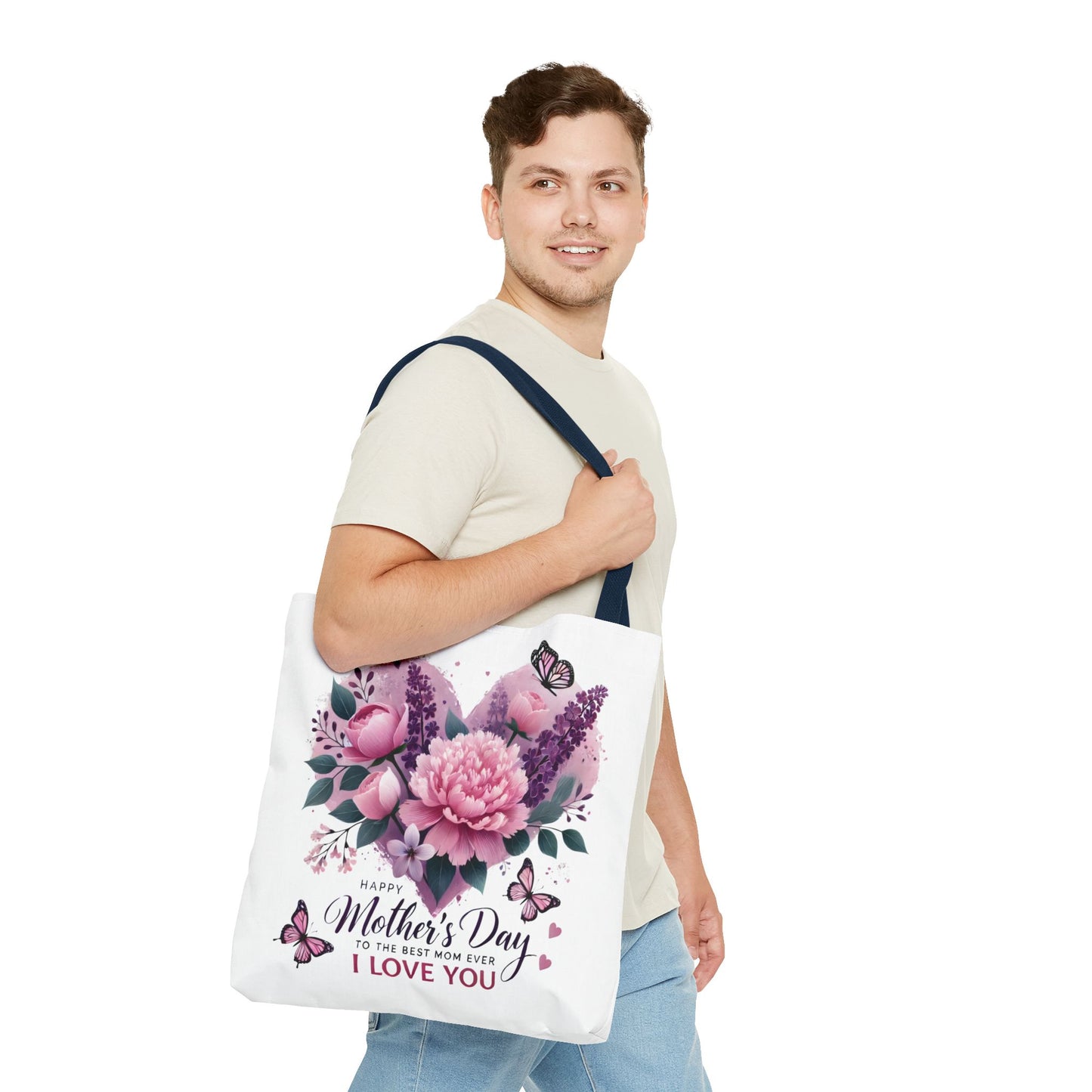 Mother's Day Floral Tote Bag - "Happy Mother's Day I Love You" Heart Bouquet