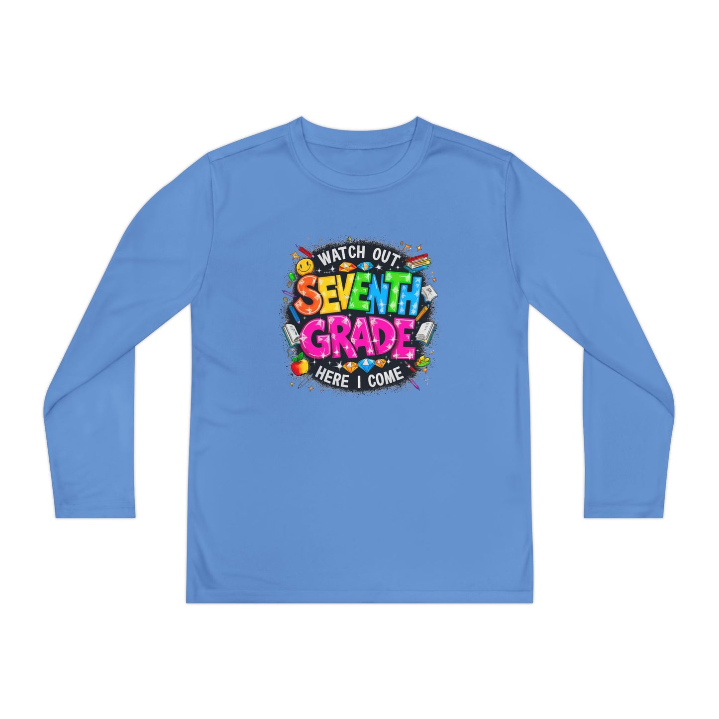 Seventh Grade Youth Long Sleeve Tee — "Watch Out Seventh Grade Here I Come" Back-to-School Shirt