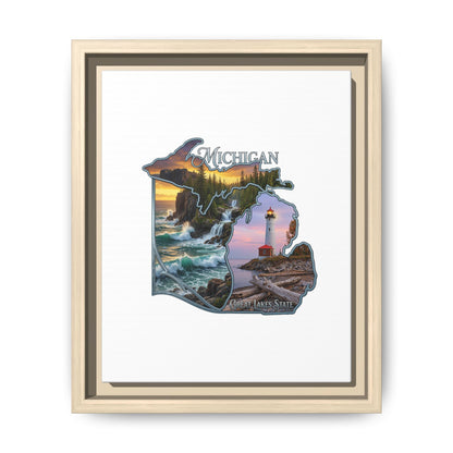 Michigan Framed Canvas Wall Art — Great Lakes State Lighthouse & Shoreline Print