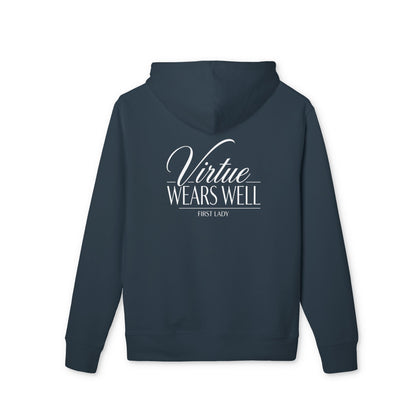 Hoodie — "Virtue Wears Well" Script Logo Pullover