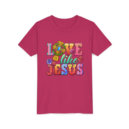 Youth Tee — "Love Like Jesus" Colorful Faith Graphic