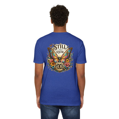 Christian Butterfly T-Shirt — "Be Still and Know That I Am God" Inspirational Tee