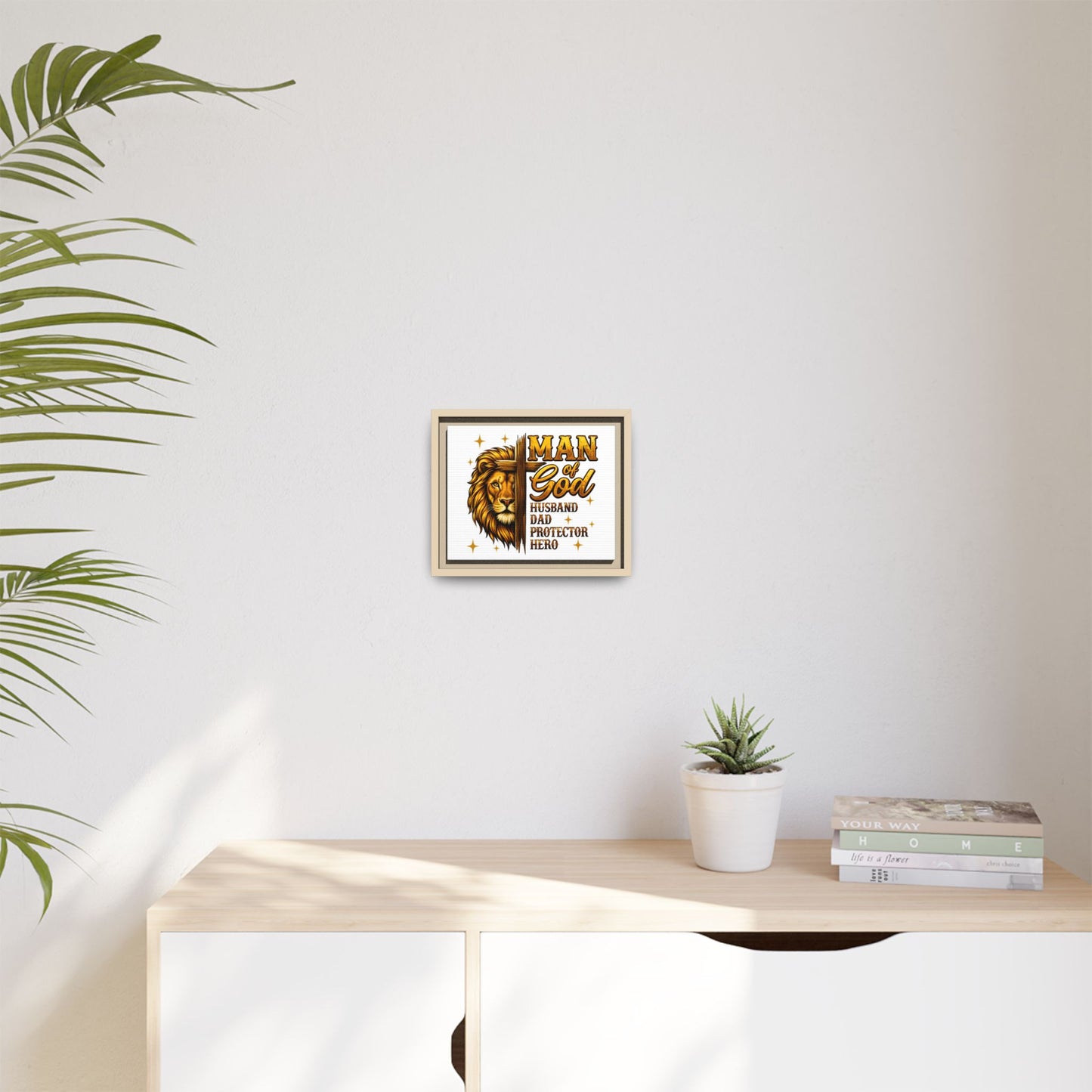 Man of God Framed Canvas Art — 'Man of God: Husband, Dad, Protector, Hero' Religious Wall Decor