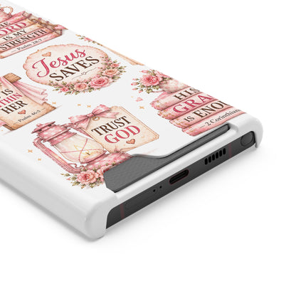 Christian Floral Phone Case with Card Holder — 'Jesus Saves' Inspirational Design