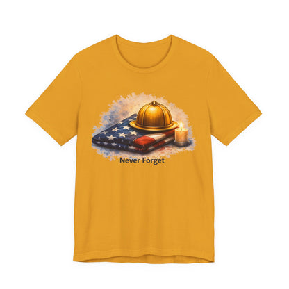 Never Forget Memorial T‑Shirt — Firefighter Helmet & Flag Tribute