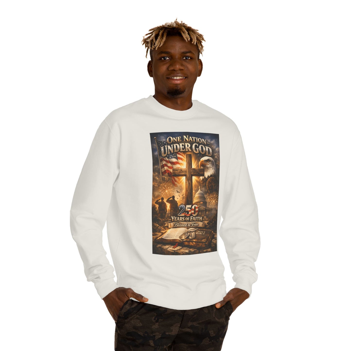 Patriotic Christian Sweatshirt — "One Nation Under God" 25 Years of Faith Crewneck
