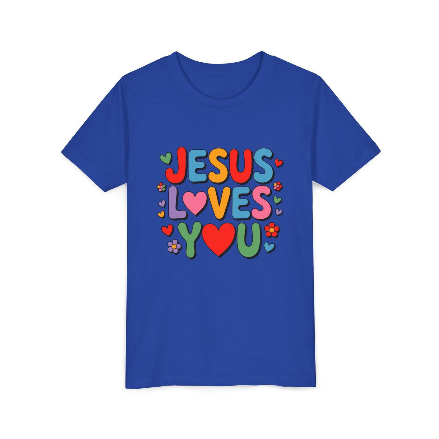 Youth Tee - "Jesus Loves You" Colorful Heart & Flower Christian Shirt