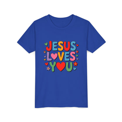 Youth Tee - "Jesus Loves You" Colorful Heart & Flower Christian Shirt