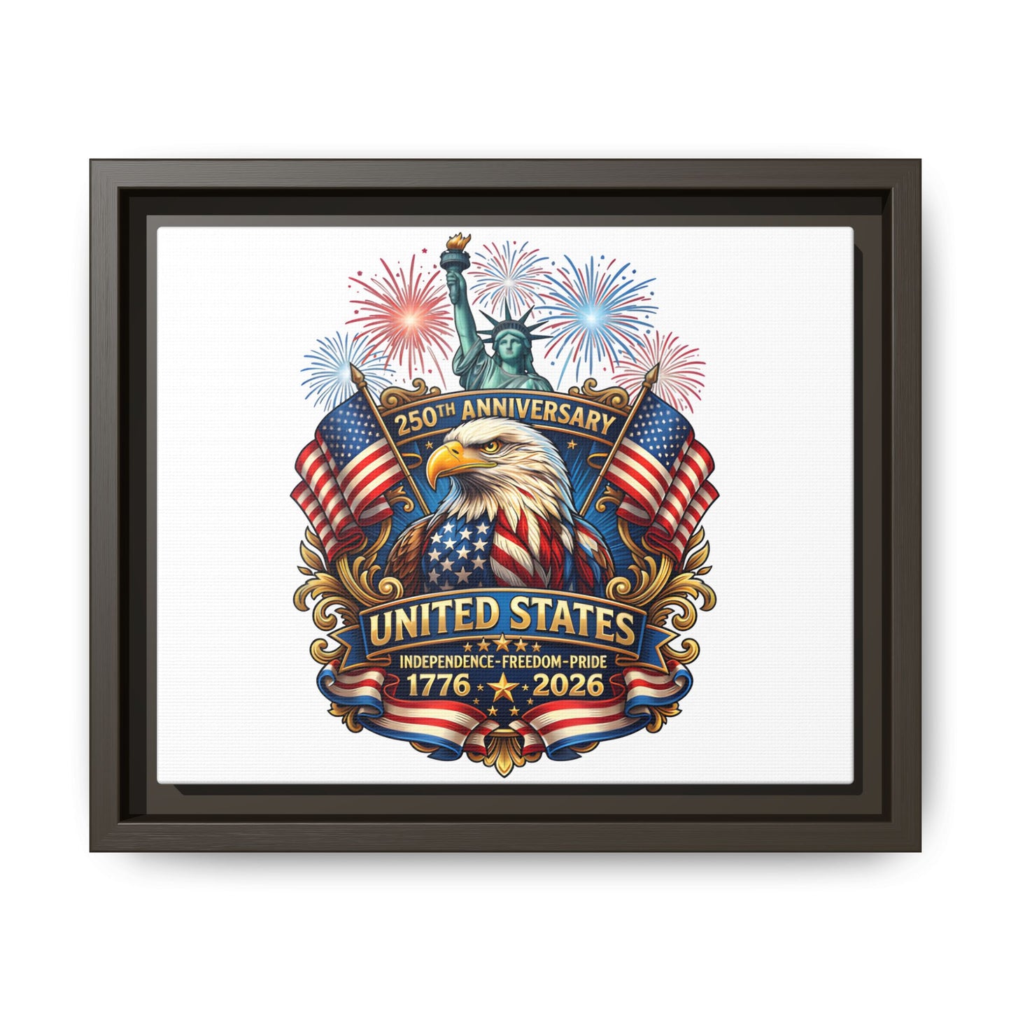 United States 250th Anniversary Framed Canvas — "1776-2026" Patriotic Eagle & Statue of Liberty Print