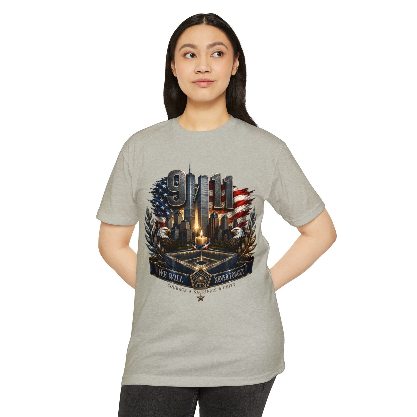9/11 Never Forget Memorial T-Shirt — Tribute American Flag Skyline Tee