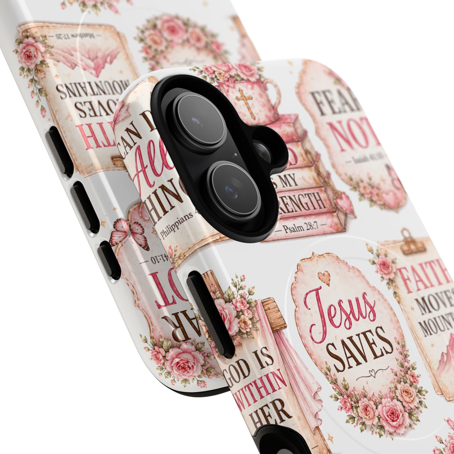 Christian Faith iPhone Tough Magnetic Case — 'Jesus Saves' Floral Scripture Design (Fear Not, Faith Moves Mountains)
