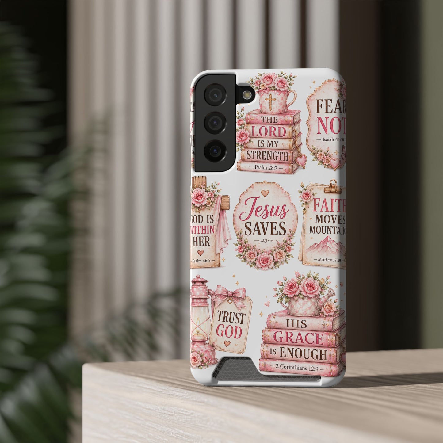 Christian Phone Case with Card Holder — 'Jesus Saves' Floral Scripture Design