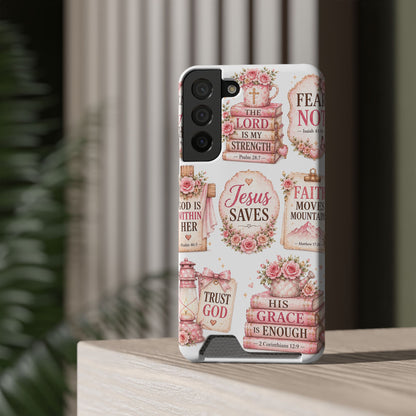 Christian Phone Case with Card Holder — 'Jesus Saves' Floral Scripture Design