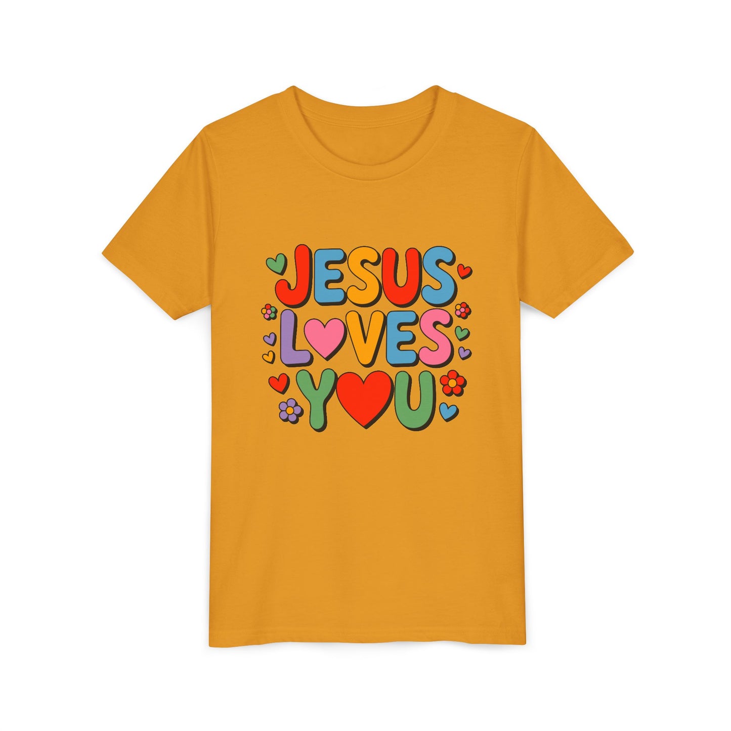 Youth Tee - "Jesus Loves You" Colorful Heart & Flower Christian Shirt
