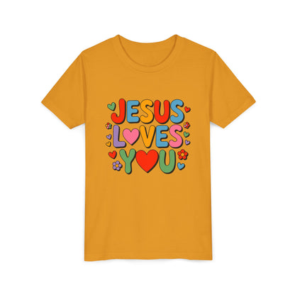 Youth Tee - "Jesus Loves You" Colorful Heart & Flower Christian Shirt