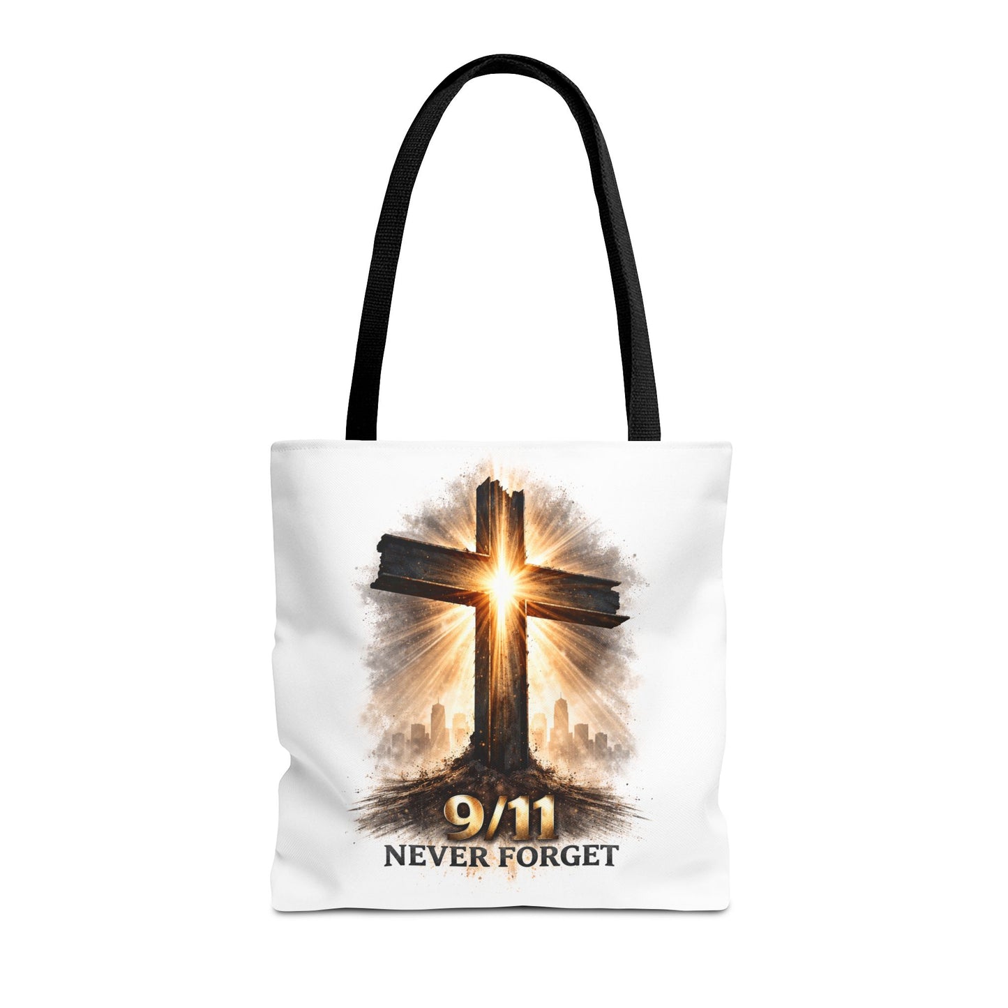 9/11 Never Forget Cross Memorial Tote Bag — Patriotic Remembrance Shopper