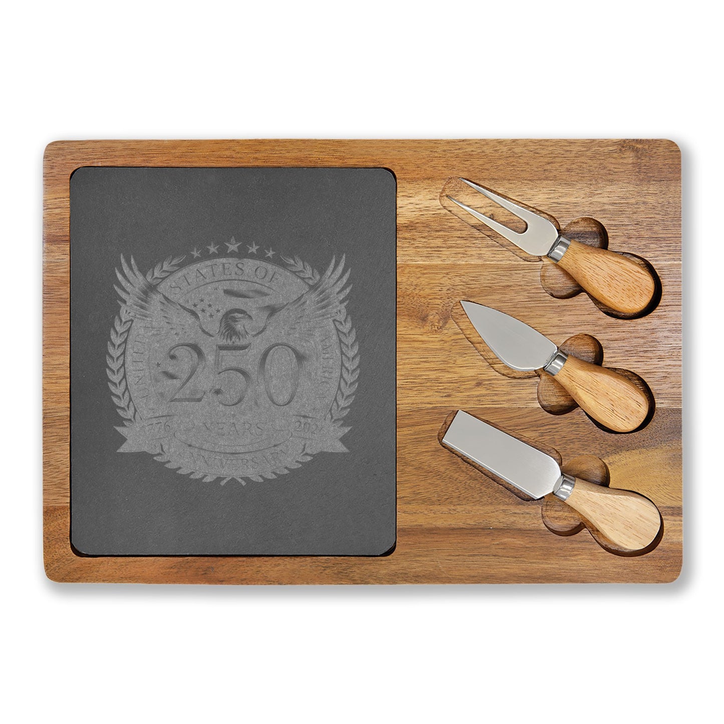 Engraved Oak Charcuterie Board with Slate Insert & Cheese Knives — Personalized 250 Crest Design