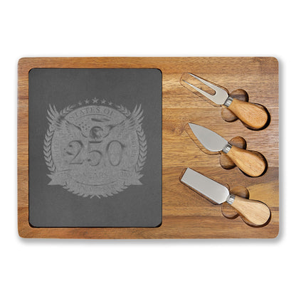 Engraved Oak Charcuterie Board with Slate Insert & Cheese Knives — Personalized 250 Crest Design