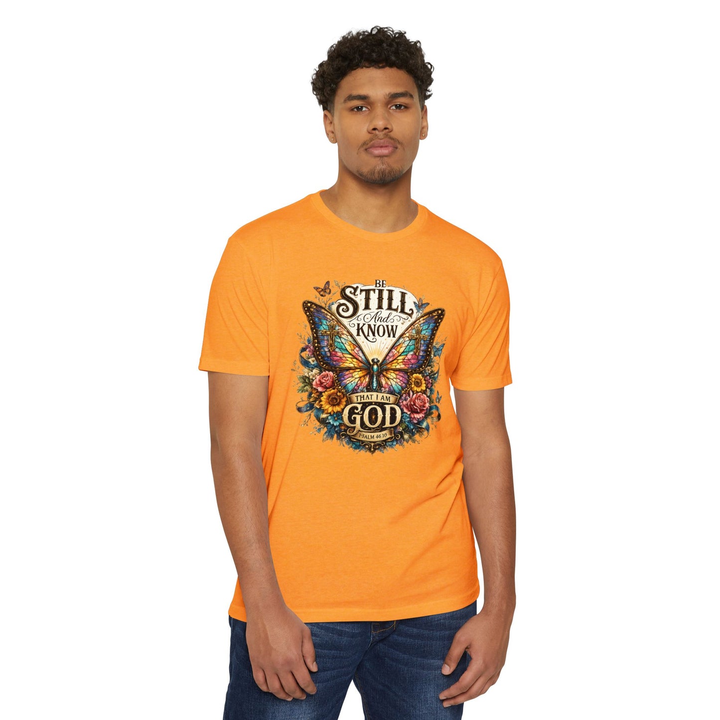 Christian Butterfly T-Shirt — "Be Still and Know That I Am God" Inspirational Tee