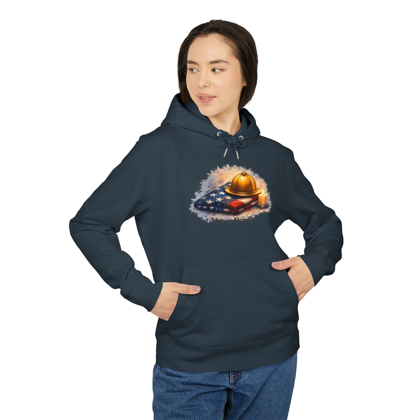 9/11 Never Forget Hoodie — Firefighter Helmet & Flag Tribute