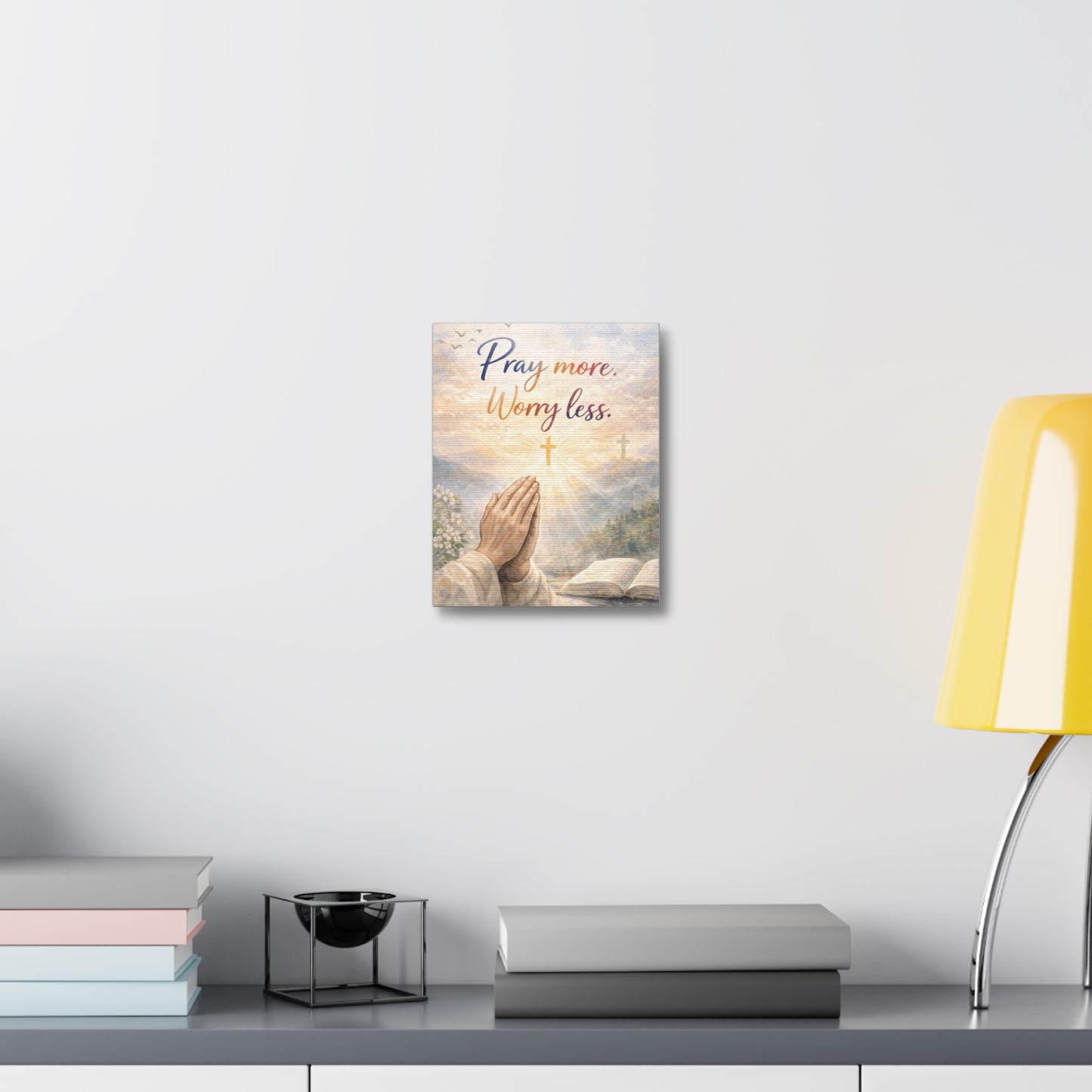 Pray More Worry Less Stretched Canvas — Christian Wall Art, Prayer Hands & Bible Decor