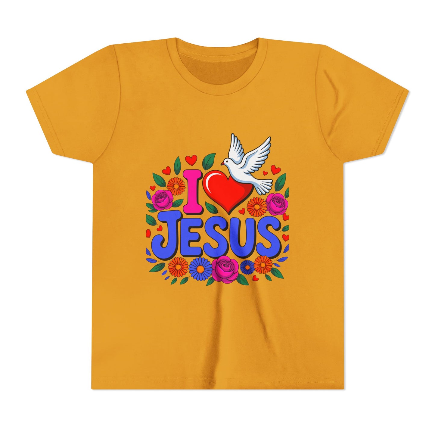 Youth Tee — "I  Jesus" Colorful Dove & Floral Christian Shirt