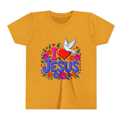 Youth Tee — "I  Jesus" Colorful Dove & Floral Christian Shirt