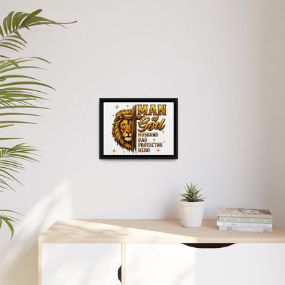 Man of God Framed Canvas Art — 'Man of God: Husband, Dad, Protector, Hero' Religious Wall Decor