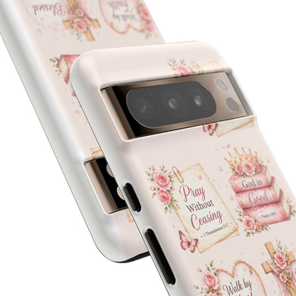 Christian Floral Phone Case — "Pray Without Ceasing" Faith Cross Design