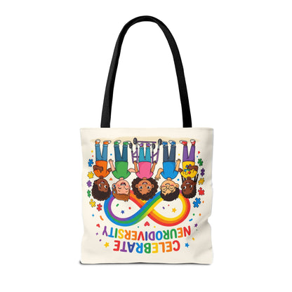 Celebrate Neurodiversity Tote Bag — Rainbow Infinity Symbol with Diverse Kids