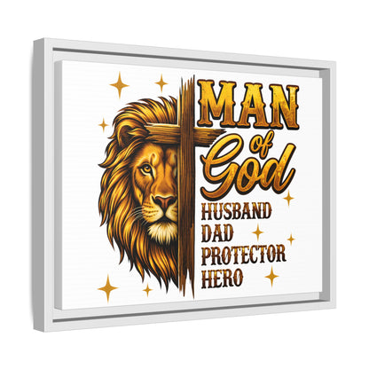 Man of God Framed Canvas Art — 'Man of God: Husband, Dad, Protector, Hero' Religious Wall Decor