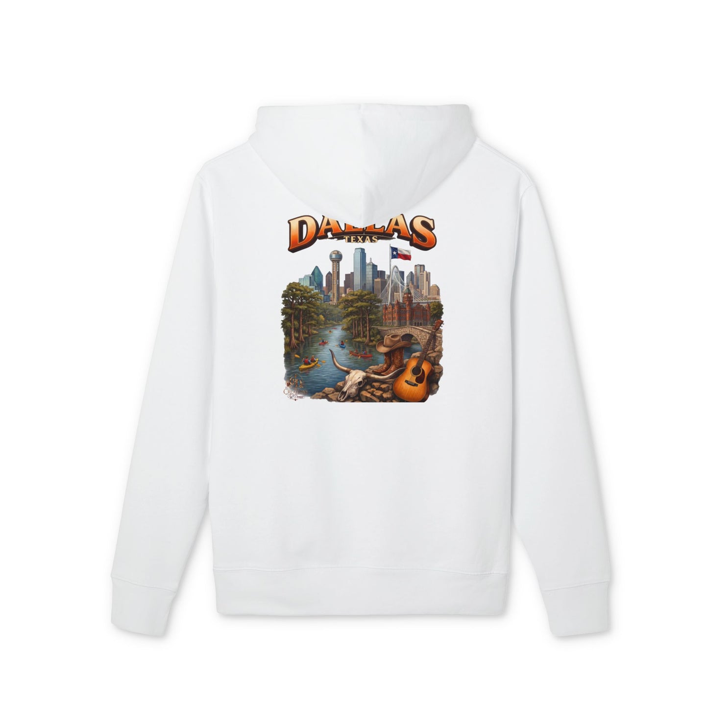 Dallas Cityscape Hoodie — Retro Skyline, River & Guitar Graphic