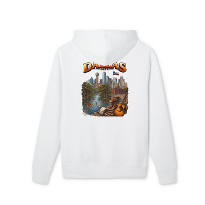 Dallas Cityscape Hoodie — Retro Skyline, River & Guitar Graphic