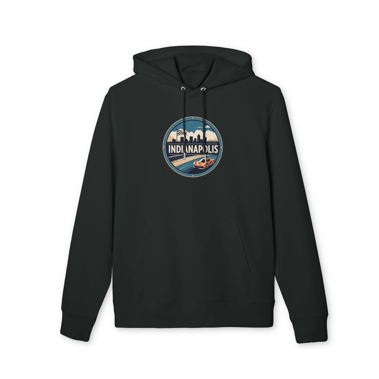 Indianapolis Racing Hoodie — Retro City Skyline & Racecar Design