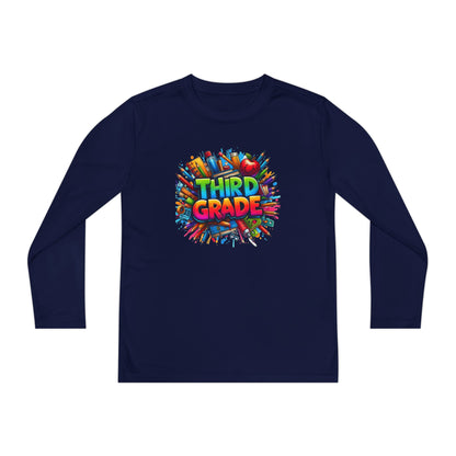 Third Grade Youth Long Sleeve Tee — Colorful School Supplies Design