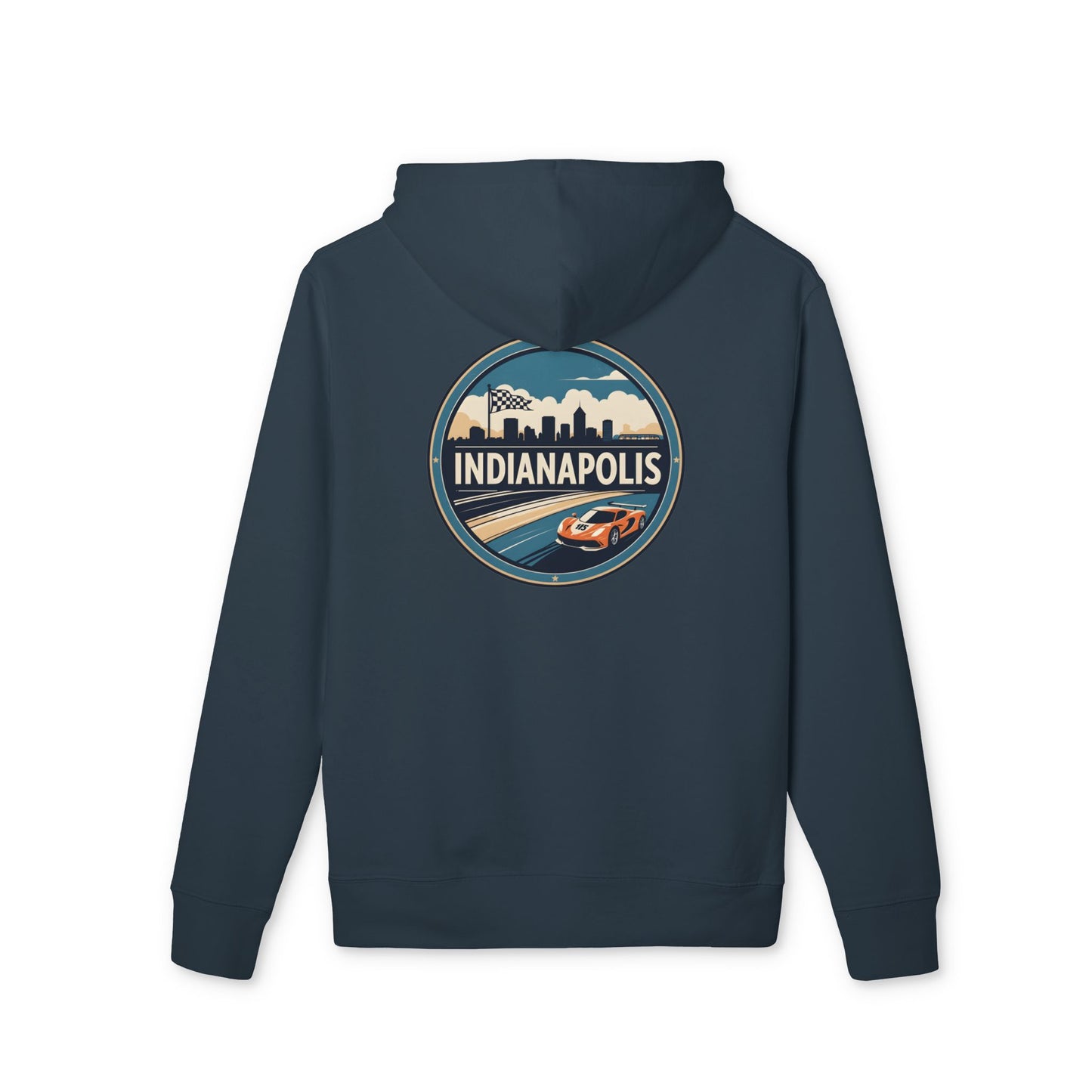 Indianapolis Racing Hoodie — Retro City Skyline & Racecar Design