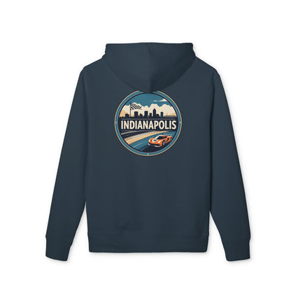 Indianapolis Racing Hoodie — Retro City Skyline & Racecar Design
