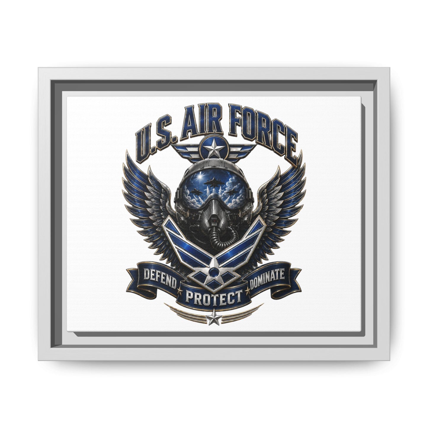 U.S. Air Force Emblem Framed Canvas Print – "Defend Protect Dominate" Military Wall Art