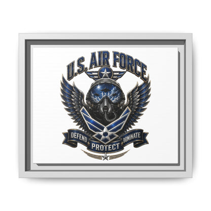 U.S. Air Force Emblem Framed Canvas Print – "Defend Protect Dominate" Military Wall Art