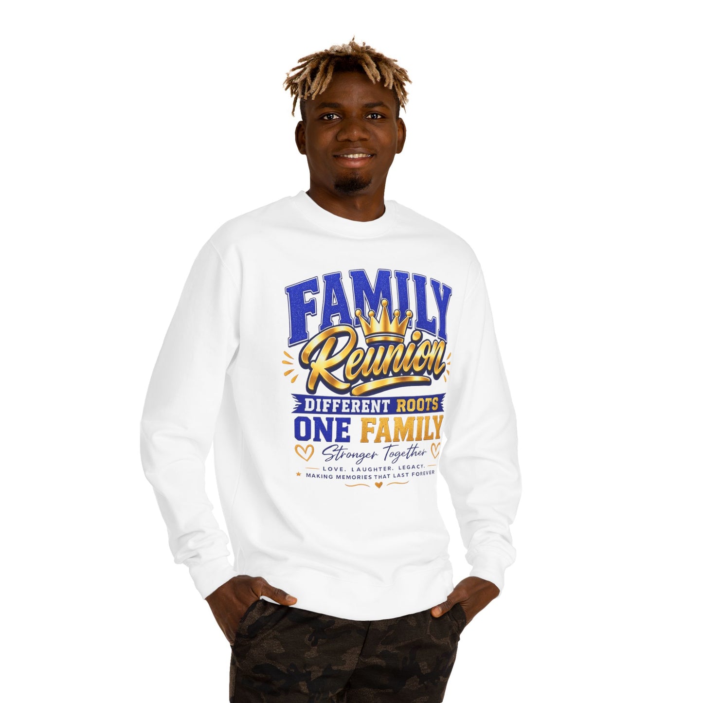 Family Reunion Crewneck Sweatshirt — "Different Roots, One Family" Graphic